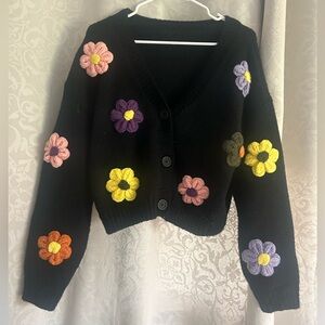 Cider Black Cropped Cardigan Floral Knit Sweater Size Small Chunky Knit Cardigan